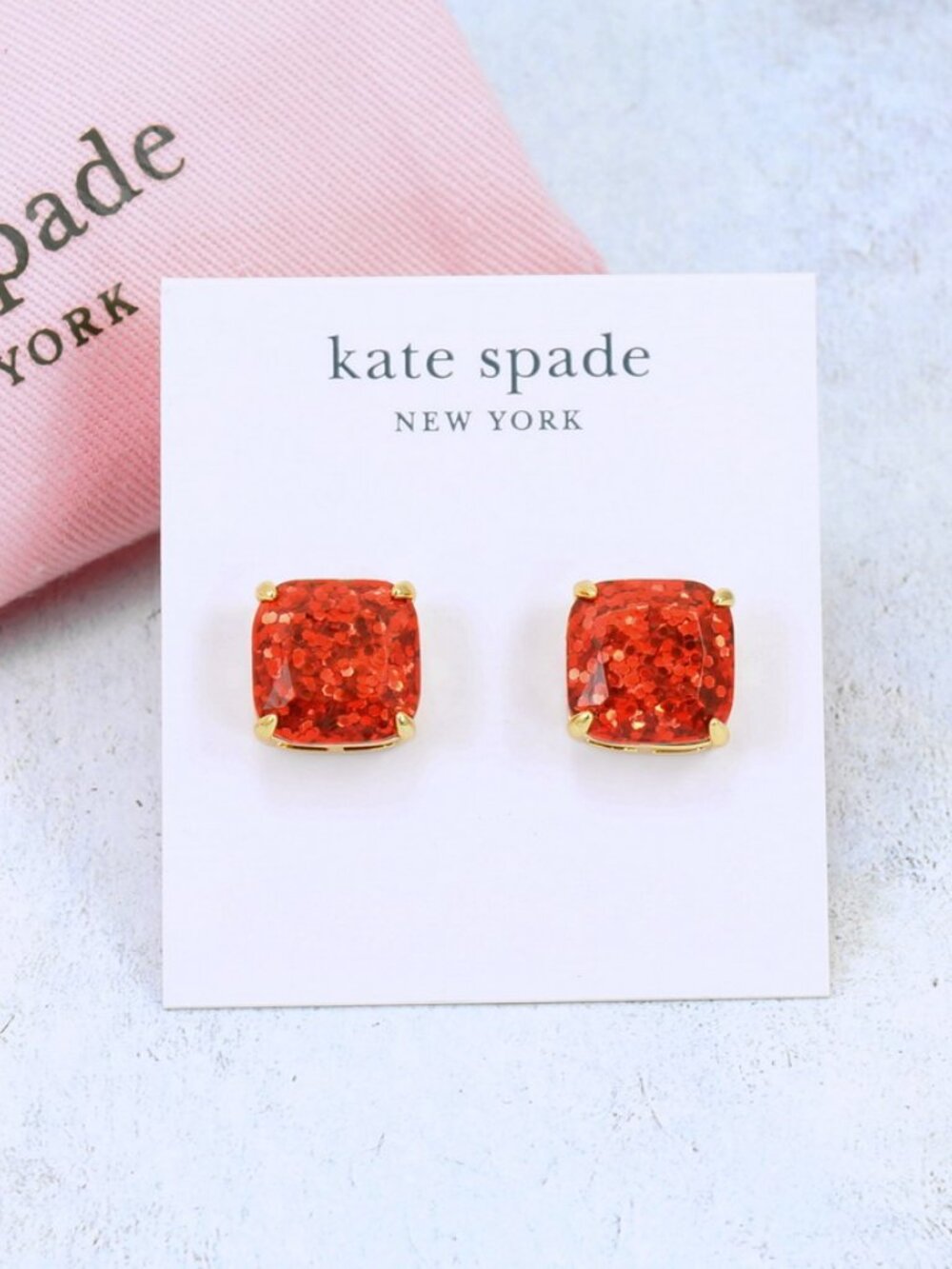 Kate Spade Square Garnet Red Glitters Stud Earrings Gold Plated
